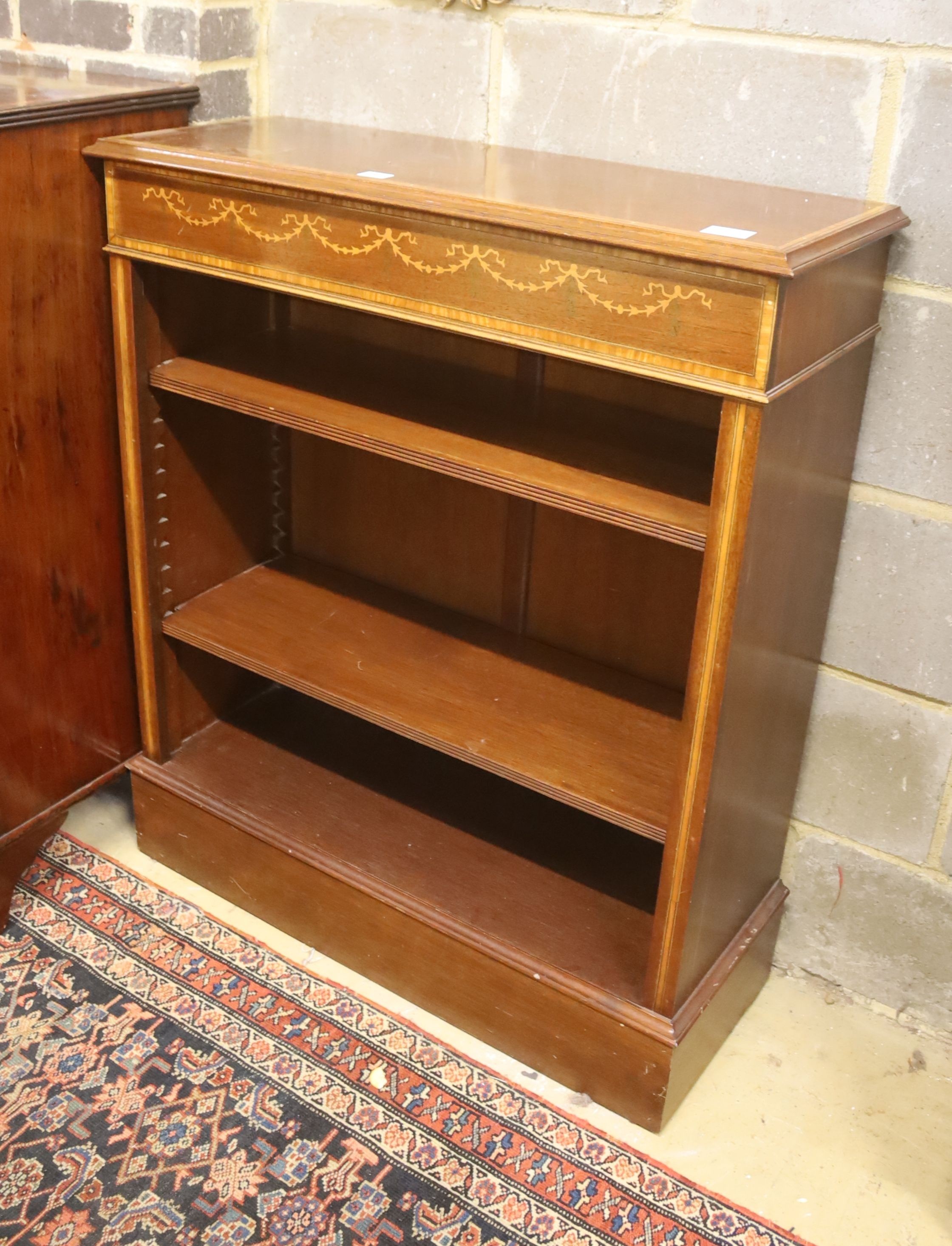 A reproduction Edwardian style banded mahogany open fronted bookcase, width 84cm, depth 32cm, height 100cm